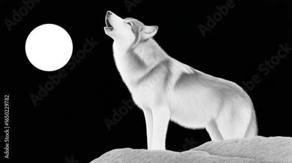 Obraz A majestic wolf howls at a bright full moon against a stark black background.