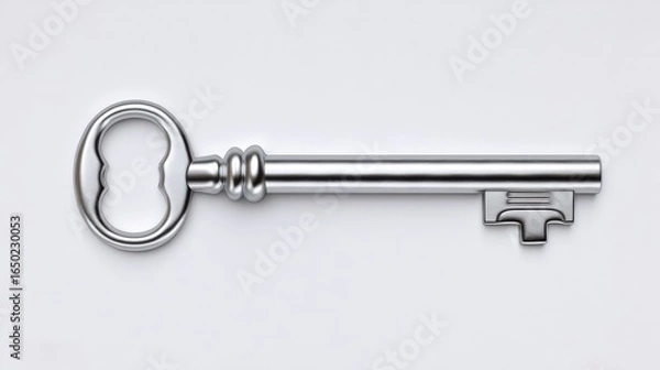 Obraz Close-up of a vintage silver key on a clean white background.