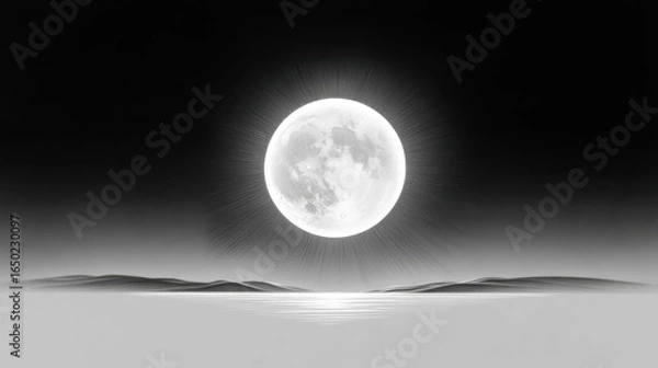 Obraz A radiant full moon illuminates a serene landscape in black and white.