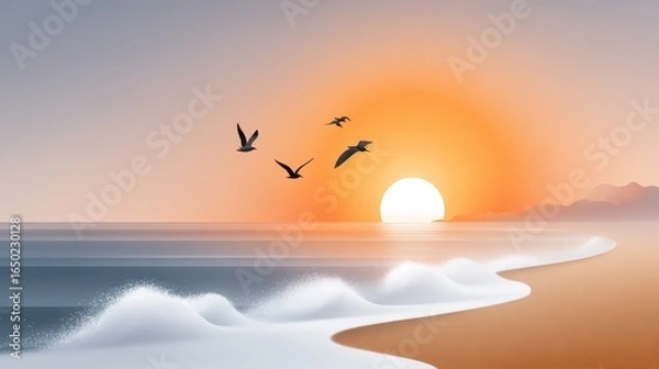 Obraz Serene sunset over the ocean with birds flying in the sky.