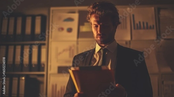 Fototapeta Experienced accountant going through tax folders and digital spreadsheets, office with filing cabinets and financial charts on walls, evening light,