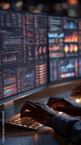Fototapeta Vertical: Close-up of a data scientist hands typing on a keyboard, screens filled with coding IDEs and model accuracy charts glowing in the background,
