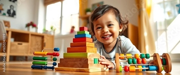 Fototapeta A cheerful toddler plays with a colorful wooden pyramid and abacus in sunlit room, sunny, colors