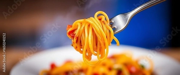 Fototapeta A fork entwined with a generous portion of spaghetti, still life, Italian