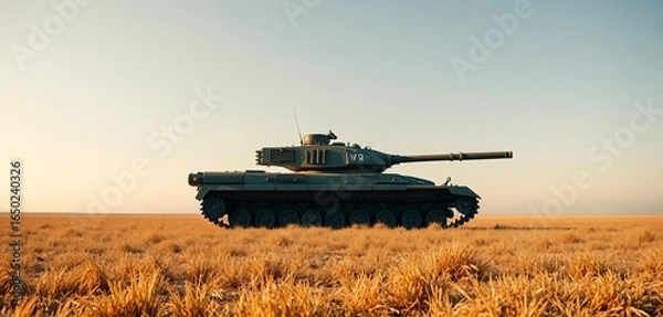 Fototapeta A lone tank sits on a vast, flat field, under a clear sky, desert, camouflage