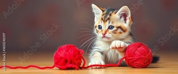 Fototapeta A playful kitten batting at a bright red ball of yarn,  wool,   happy