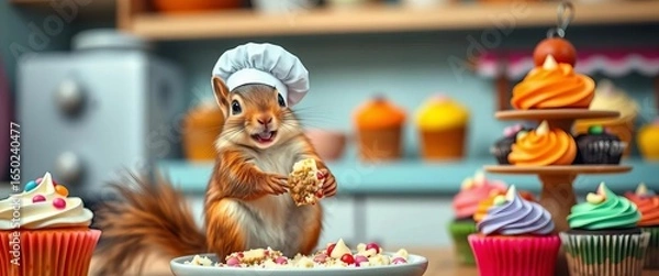 Fototapeta A tiny chef squirrel happily munching cupcake crumbs amidst a colorful cupcake tower in a warm kitchen,  miniature,  vibrant