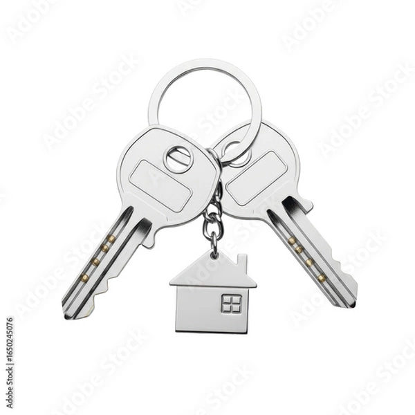 Fototapeta Two shiny silver keys on a metal keyring with a house shaped keychain, symbolizing new home ownership, real estate, and property security. Ideal for housing or finance concepts.