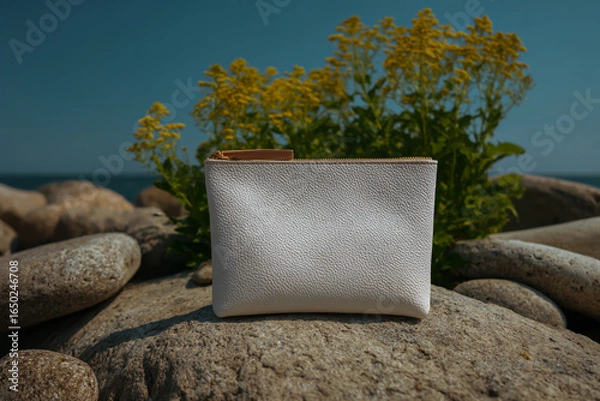 Fototapeta A mockup of an  blank white leather fabric Pouch with the edge color in light brown, sitting on top of smooth rocks by the seaside, and behind it is a small yellow flower plant. 