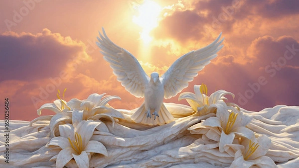 Fototapeta  A white marble dove flying across a field of lilies carved from alabaster illustration. Ai generated.