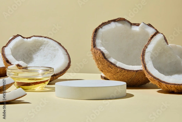 Fototapeta Close-up of coconuts with golden oil and a round podium decorated on beige background. This photo links coconut’s freshness with nourishing cosmetics used for skin and hair. Space for design