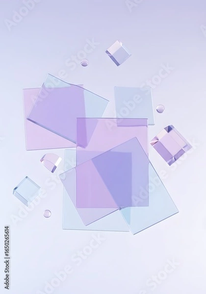Fototapeta Light blue 3d background with glass holographic transparent cube blocks render. Abstract geometric pattern of square or rectangle shapes with purple pink, wallpaper, generative ai