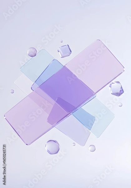 Fototapeta Light blue 3d background with glass holographic transparent cube blocks render. Abstract geometric pattern of square or rectangle shapes with purple pink, wallpaper, generative ai