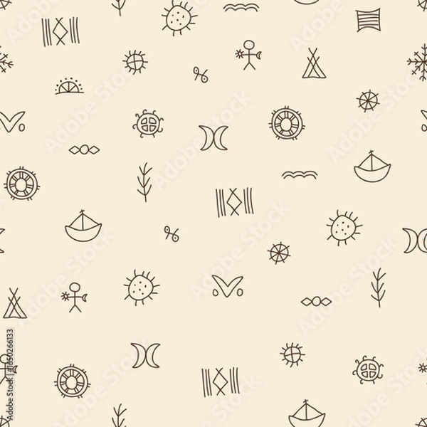 Obraz Seamless Sami Folk Symbol Pattern in Minimalist Brown Line Art on Beige