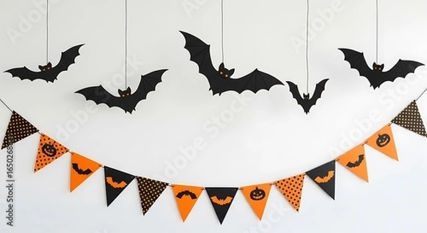 Obraz Festive halloween decorations hanging from the ceiling with bats and a banner of orange and black triangles
