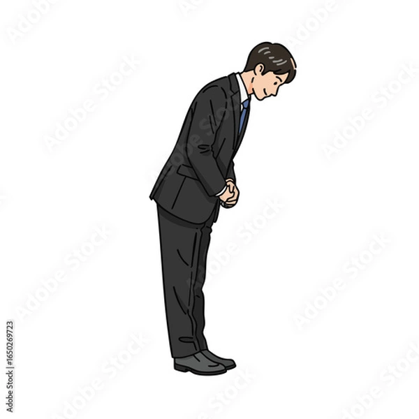 Fototapeta Illustration of a Japanese businessman in a suit bowing respectfully, a concept of apology, greeting, or gratitude in business etiquette.