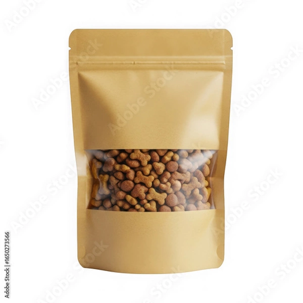 Fototapeta Brown kraft paper standup pouch with a clear window filled with dry dog or cat food kibble, isolated on transparent background