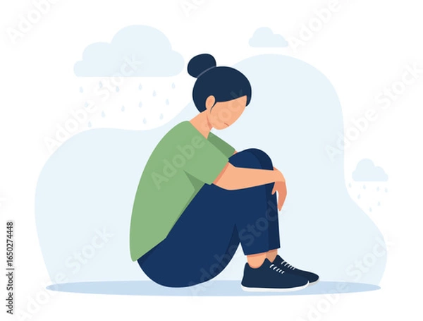 Obraz Sad Depressed Woman Crying Alone. Unhappy girl grieving loss hugging herself.  Young sad girl sitting on the floor and hugging her knees. Vector illustration.