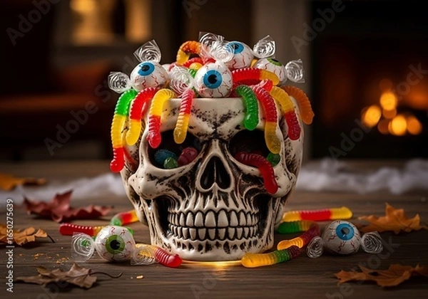 Obraz A spooky skull overflowing with colorful candy eyes and gummy worms sits on a wooden table near a fireplace