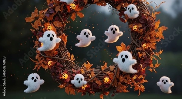 Obraz A festive autumn wreath adorned with cute ghosts and glowing pumpkins creates a spooky halloween atmosphere