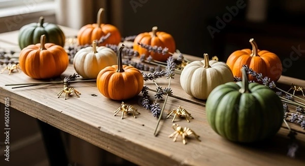 Obraz A rustic autumn display of colorful pumpkins and dried lavender on a wooden table creates a warm seasonal feeling