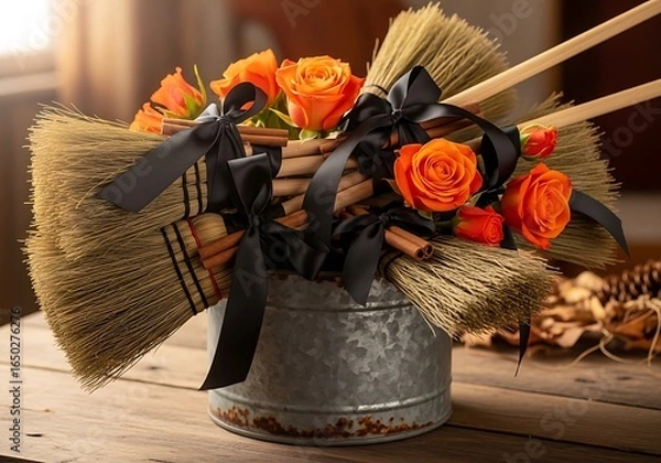 Obraz Halloween decoration with brooms orange roses cinnamon sticks and black ribbons in a rustic bucket creating a festive autumn centerpiece