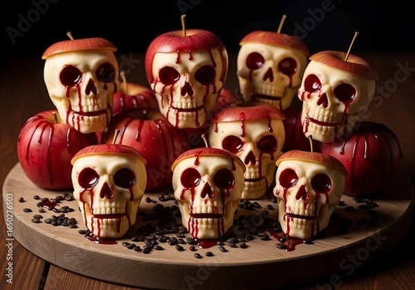 Obraz Spooky halloween treats featuring carved apple skulls with dripping red syrup for a festive celebration