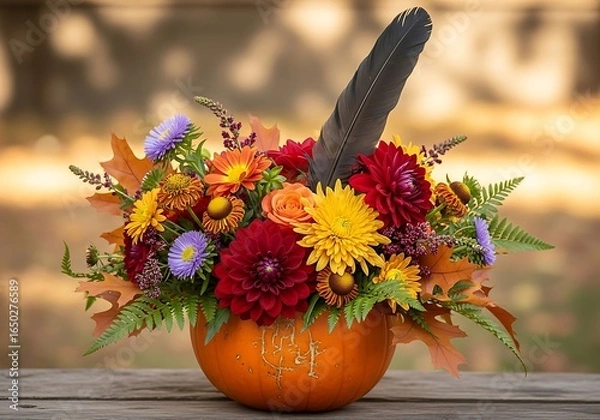 Obraz Festive autumn flower arrangement in a pumpkin for a beautiful thanksgiving centerpiece on a wooden table
