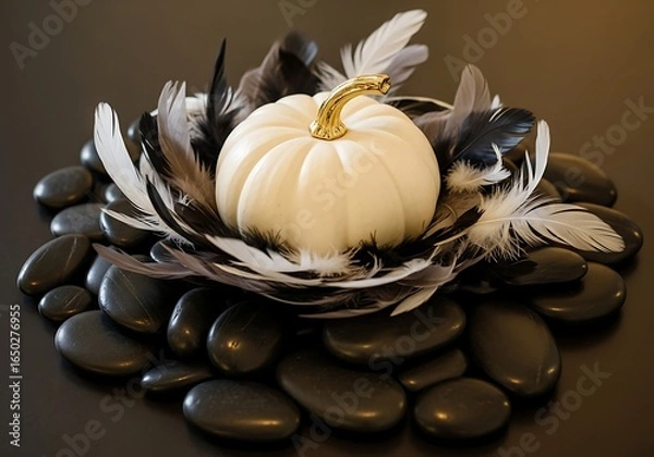 Obraz A small white pumpkin with feathers and smooth black stones creates an elegant fall centerpiece