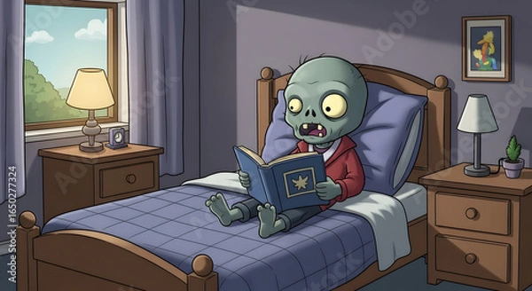 Fototapeta A whimsical cartoon zombie sits up in a cozy bed, engrossed in reading a storybook in a sunlit bedroom.