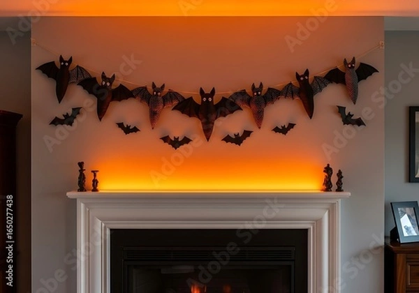 Obraz Halloween decorations of bats hanging above a fireplace mantel with orange lighting for a festive holiday