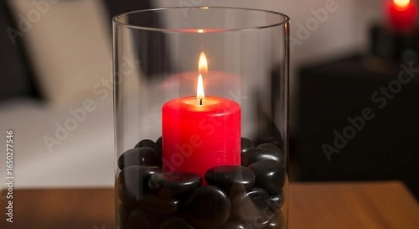 Obraz Red candle burning in a glass vase filled with black stones creating a warm and relaxing atmosphere in a home