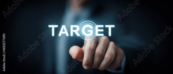 Fototapeta A visionary professional is pointing a finger on word TARGET which represents a focused and directed approach to achieving objectives and strategic business goals.