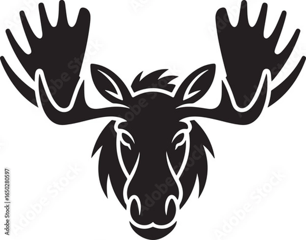 Fototapeta Black and white graphic illustration of a moose head with large, detailed antlers facing forward deer