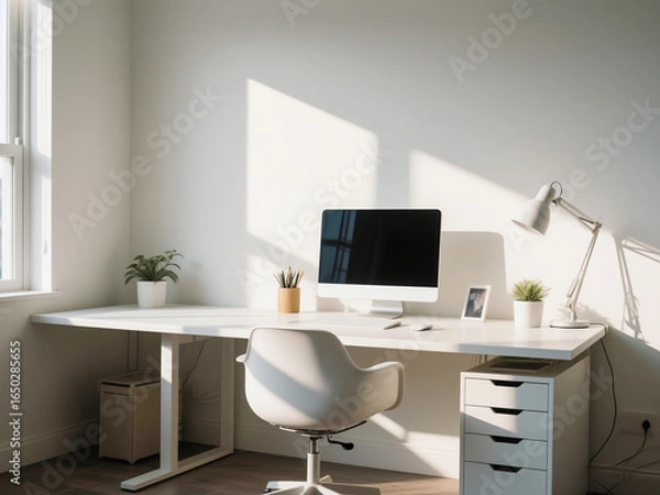 Obraz Bright minimalist home office interior with a white desk, desktop computer, and ergonomic chair. Natural sunlight creates warm shadows on the wall, while potted plants and a desk lamp add a fresh