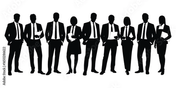 Fototapeta Full length silhouettes of diverse business professionals standing as a corporate team