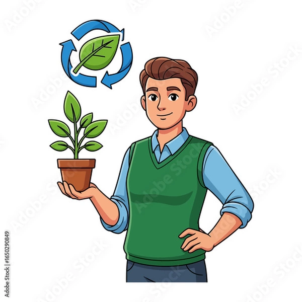 Fototapeta Environmental Stewardship: Depicting an individual, thoughtfully holding a sapling in a pot and visualizing the life cycle with a symbolic representation of growth and care.