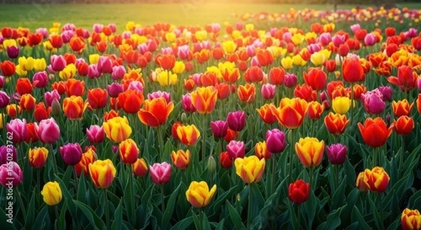 Fototapeta Vibrant Tulip Field: A breathtaking landscape bursts with a kaleidoscope of colorful tulips, their delicate petals catching the sunlight and creating a stunning floral display.