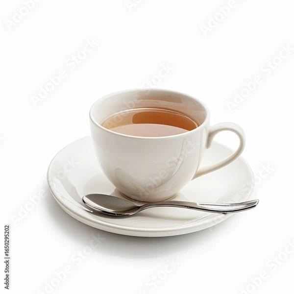 Fototapeta White teacup and saucer with tea and spoon on a white background