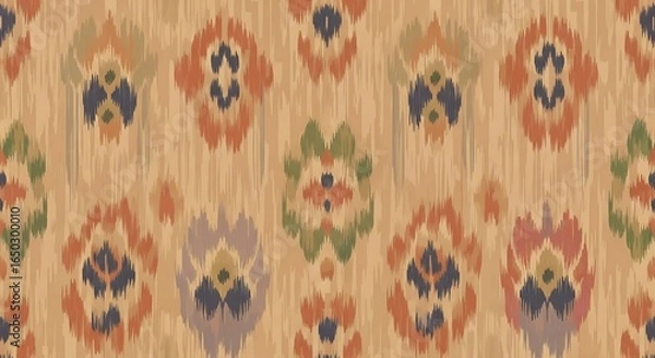 Fototapeta Delicate ikat seamless pattern with blurry floral shapes in earthy tones and intricate brush