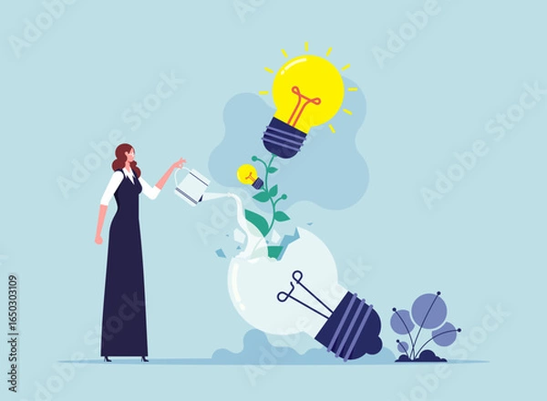 Fototapeta Opportunity to learn from mistakes concept, success solution, innovation from failure, businessman watering a plant from a broken light bulb, symbolizing innovation and growth from failure