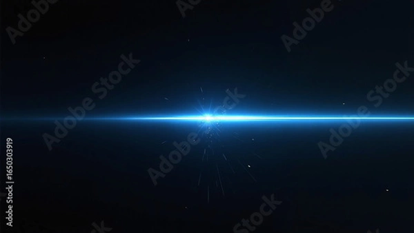 Obraz Bright blue horizontal beam with lens flare on dark background.
