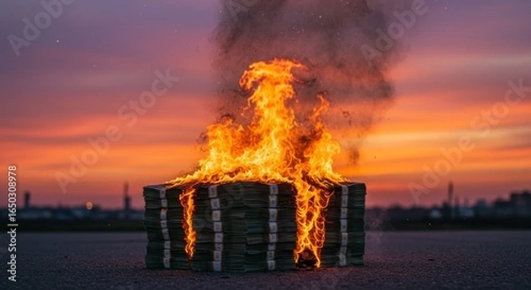 Fototapeta Burning Money at Sunset - A stack of money engulfed in flames against a vibrant sunset backdrop. Symbol of loss, waste, or destruction of wealth