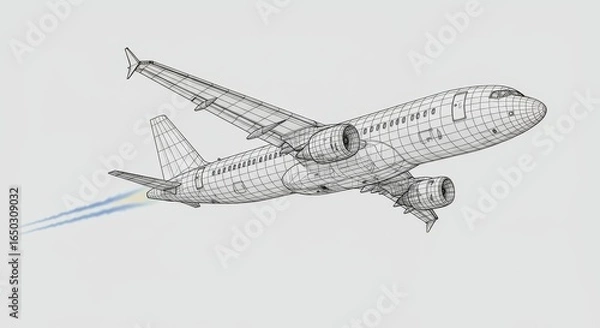 Fototapeta CAD Wireframe Airplane Flight Model Design - Air travel, speed, technology, engineering, transportation; symbolizing efficient flight, modern design, and global connectivity
