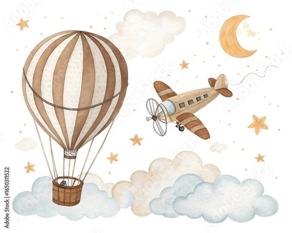 Fototapeta Whimsical watercolor illustration of a vintage hot air balloon and a biplane flying through a dreamy sky with clouds and stars