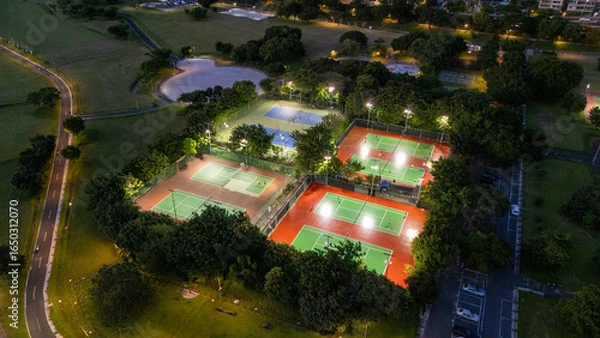 Fototapeta Aerial View of Illuminated Tennis Courts at Dusk Surrounded by Lush Green Trees