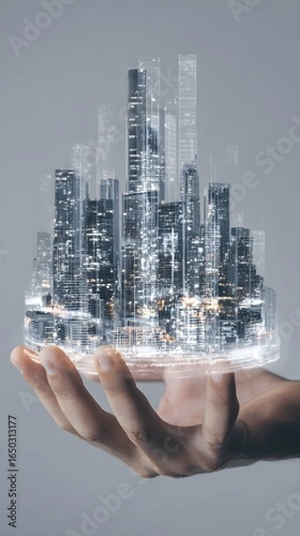 Fototapeta City of the future in palm of hand, real estate investment planning and financial metrics in digital overlay