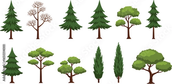 Obraz Collection of diverse tree illustrations, evergreen, deciduous, and coniferous varieties, botanical art, seasonal changes, nature elements, forest diversity, landscape design, eco concept