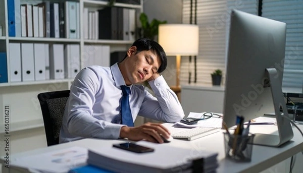Fototapeta 残業で仕事中に眠る日本人ビジネスマン　generative ai