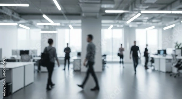 Fototapeta Modern Office Space People Walking - Blurred of people walking in a modern office, symbolizing business, teamwork, movement, progress, and collaboration